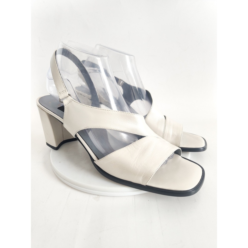 Amalfi Sandals 10 90s Slingback‎ Cream Leather Square Toe Block Heel Italy Vtg